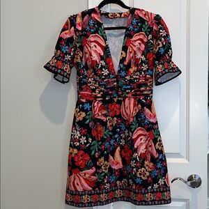 Floral V-Neck Short Dress in Black and Pink